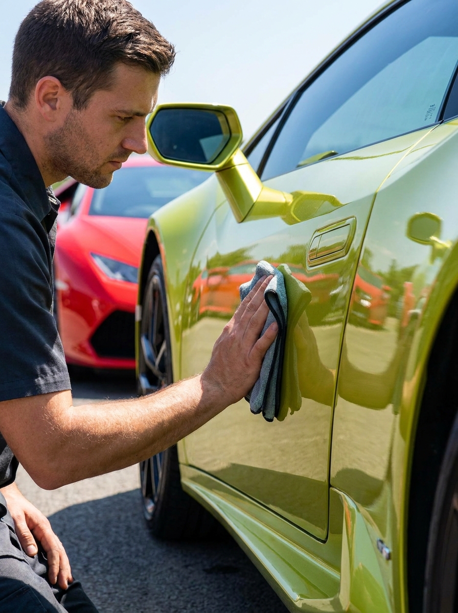 Velora detailer hand-finishing the paintwork on a luxury car